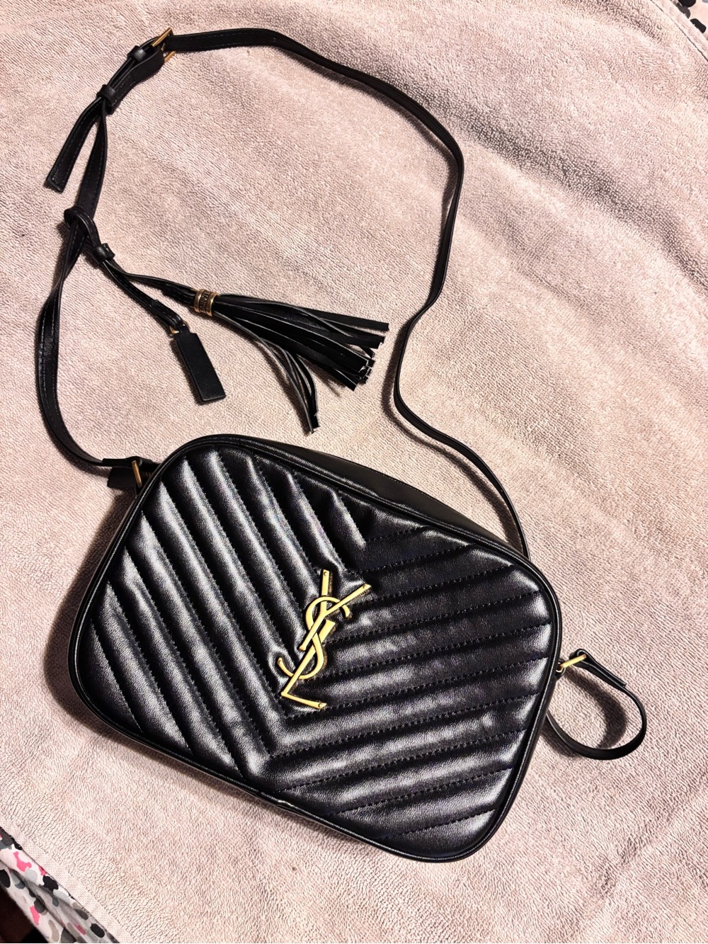 Saint Laurent Black Quilted Leather Crossbody with Gold YSL Emblem Knock Off.